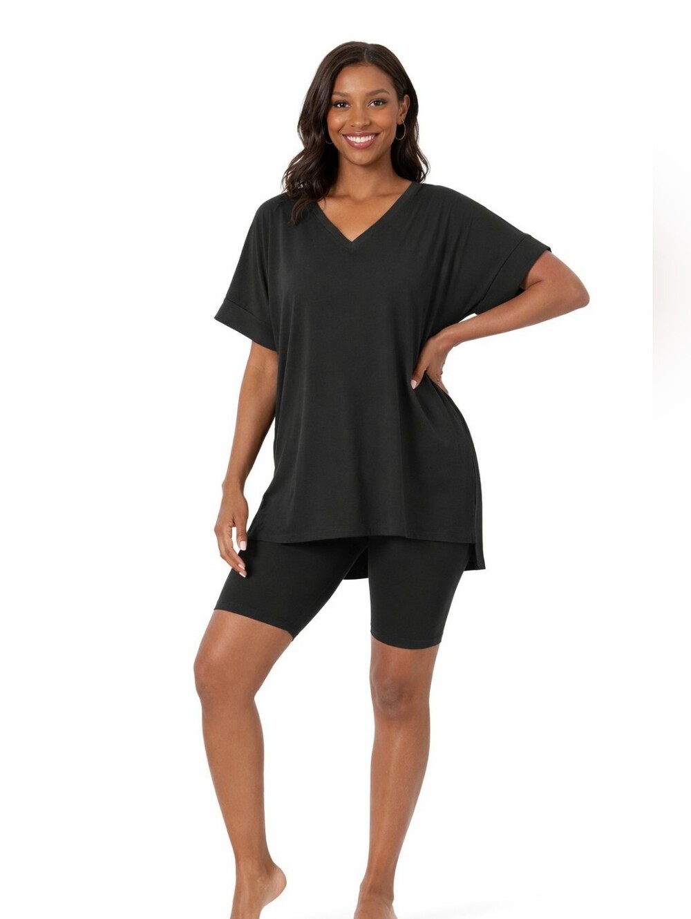 Women’s Black V-Neck Tunic Top and Bike Short Set